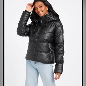 GUESS Faux-Leather Puffer Jacket with Hood